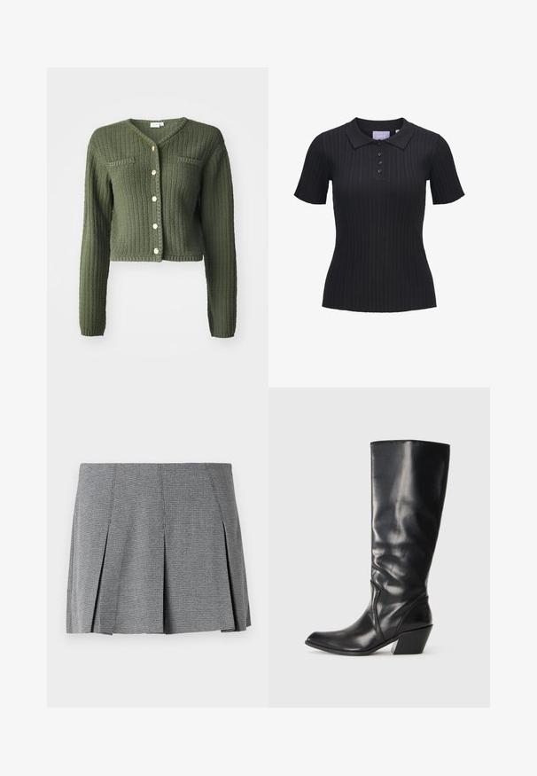 Cárdigan de punto verde oscuro con cuello en V, mangas largas y diseño corto. Cuenta con botones en la parte delantera y dos bolsillos en el pecho.; Camiseta tipo polo negra de manga corta con tejido de punto acanalado, cuatro botones y cuello tradicional.; Falda mini plisada gris fabricada en tejido texturizado, con un patrón de cuadros y un corte recto que presenta detalles de abertura lateral.; Bota de cuero negra hasta la rodilla con punta afilada, tacón angular y textura suave. Presenta un sutil acento de costura a lo largo del costado.