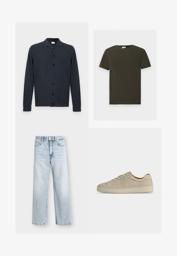 Dark navy blue button-up cardigan with long sleeves, collar, and textured fabric, displayed on a plain white background.; Dark green short-sleeve crew neck cotton t-shirt with a straight hem, displayed flat on a plain light gray background.; Light blue high-waist wide-leg jeans with front button and zipper, two front pockets, and belt loops.; Beige suede low-top sneaker with lace-up closure and thick rubber sole, shown from the side on a plain white background.