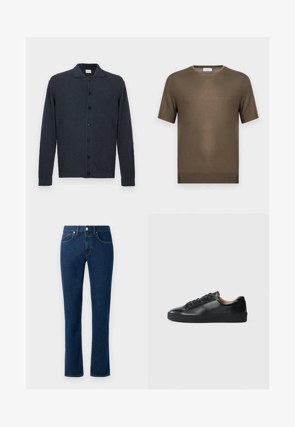 Dark navy blue button-up cardigan with long sleeves, collar, and textured fabric, displayed on a plain white background.; Short-sleeve olive green knit sweater with crew neckline and ribbed hem, displayed on plain white background.; Dark blue denim jeans with a slim straight-leg design, classic five-pocket styling, and a button closure at the waistband.; Black leather sneaker with a smooth texture, round toe, and lace-up closure. Features a thick rubber sole and minimal branding detail.