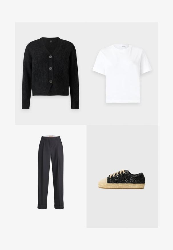 Sort cardigan lavet af tekstureret strikstof, med V-hals, lange ærmer og fire store knapper fortil.; Hvid kortærmet bomuld t-shirt med rund halsudskæring og lige kant, vist på en hvid baggrund.; Mørkegrå bukser lavet af et tekstureret stof, med høj talje, draperinger og oprullede manchetter ved sømmene.; Sorte sneakers med perler og en beige vævet jutesål. Har en rund tå og lyse beige snørebånd, der kombinerer tekstureret stof og bløde materialer.