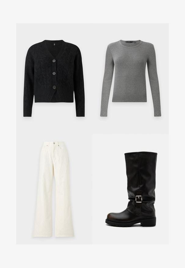 Sort cardigan lavet af tekstureret strikstof, med V-hals, lange ærmer og fire store knapper fortil.; Grå langærmet ribbet sweater med rund halsudskæring og tætsiddende pasform. Teksturen ser glat og elastisk ud, hvilket gør den velegnet til lag-på-lag.; Good American GOOD EASE - Wide leg - cloud white; Høj sort læderstøvle med rund tå, lav hæl, sidelukningsrem og let slapt skaft på hvid baggrund.