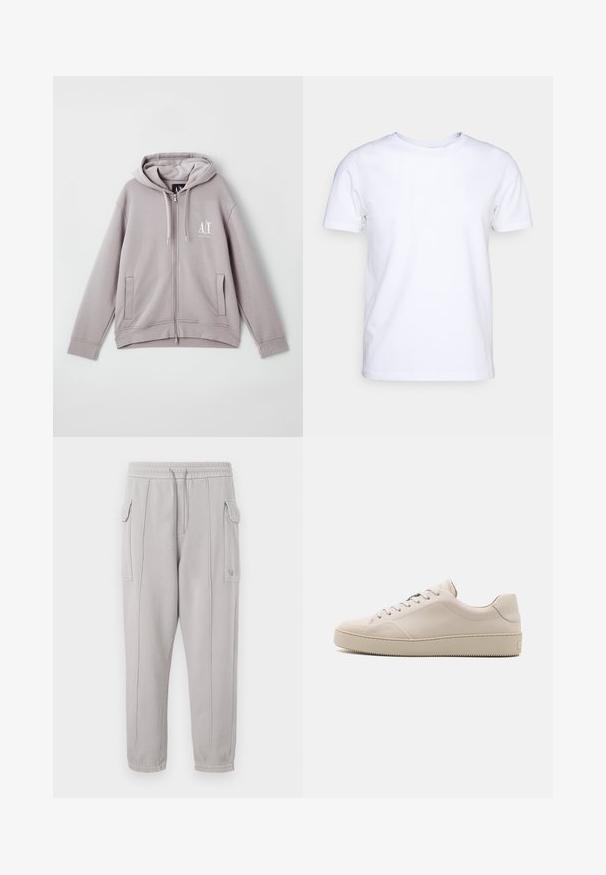 Halline hall zip-up kapuuts, mis on valmistatud pehmest kangast. Sellel on keskne lukk, esiküljel taskud, nööriga kapuuts ja väike logo rinnal.; Valge lühikeste varrukatega t-särk puuvillaste kangast, ümmarguse kaelusega. Lihtne disain, ilma mustrite ja detailideta. Sile tekstuur.; Hallid hallid dressipüksid elastse vöökoha, külgtaskute ja joontega, mis kulgevad vertikaalselt mööda jalgu. Puuvilla segu tekstuur.; Bež nahkkingad siledalt viimistletud, ümarate varvastega, tasase tallaga ja klassikalise paeltega disainiga. Diskreedne õmbluste detail ja tekstuuriga välistald.