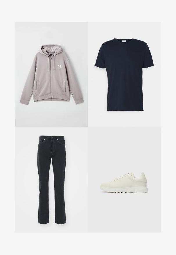 Haut à zip gris en tissu doux, doté d'une fermeture éclair centrale, de poches avant, d'une capuche avec cordon de serrage et d'un petit logo sur la poitrine.; T-shirt en coton bleu marine avec un col rond et des manches courtes, présentant une texture lisse et un design simple, sans motifs ni accents visibles.; Jeans en denim noir avec une coupe droite, comportant cinq poches et une fermeture à bouton. Le tissu a une texture subtile et une finition robuste.; Baskets blanches en cuir avec un dessus texturé, bout rond, semelle plate blanche et lacets ton sur ton. Marque discrète sur la languette.