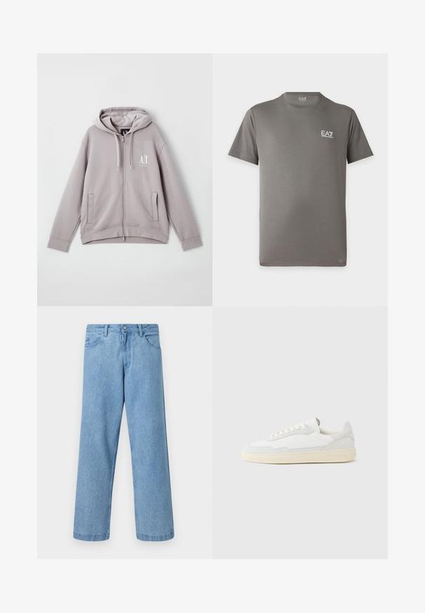 Halline hall zip-up kapuuts, mis on valmistatud pehmest kangast. Sellel on keskne lukk, esiküljel taskud, nööriga kapuuts ja väike logo rinnal.; Lühikeste varrukatega hall T-särk ümar kaelusega, valge EA7 Emporio Armani logoga vasakul rinnal ja krae sees.; Heleheledad sinised sirge säärega teksapüksid ees taskute, vööaasa ja nööpidega, ühtlase taustaga.; Valge tennisejalanõu, mille ülemine osa on valmistatud tekstuurse seemisnahast ja nahast. Omab ümarat ninaosa, paeltega sulgurit ja kontrastset beeži kummist tallaga.