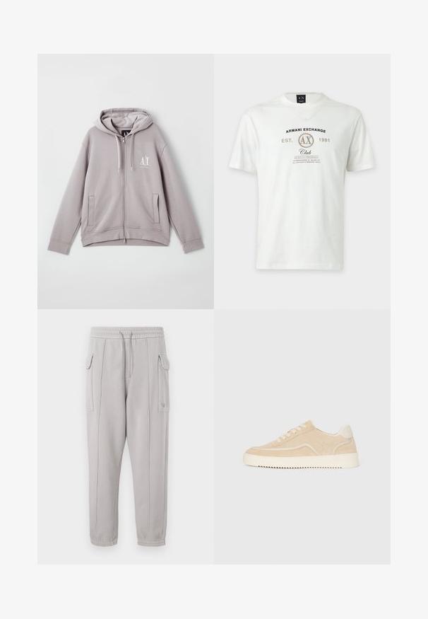 Harmaa vetoketjuhuppari, joka on valmistettu pehmeästä kankaasta. Siinä on keskellä vetoketju, etutaskut, naruilla varustettu huppu ja pieni logo rinnassa.; Valkoinen lyhythihainen Armani Exchange -t-paita, jossa on logo, "AX," ja teksti "Armani Exchange Est. 1991 Club Strictly Personal" painettuna etupuolelle.; Harmaat collegehousut, joissa on joustava vyötärö, sivutaskut ja pystysuunnassa ommeltu yksityiskohta jaloissa. Puuvillasekoitekangas.; Beige vaahto lenkkarit valkoisella pohjalla ja nauhoilla, matala malli ja syheröinen pohjakuvio.