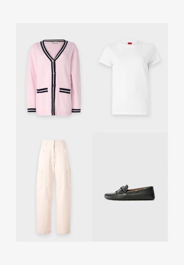 pure cashmere BUTTON LONG CARDIGAN - Kardiganas - pink; Balta trumpo rank Sleeves marškinėliai, pagaminti iš lengvo medvilnės. Turi apvalų iškirpimą ir sukurtas rankoves. Raudonas logotipo ženklelis ant apykaklės.; Šviesiai rožiniai šortai pagaminti iš medvilnės, tiesaus kirpimo, su dviem šoniniais kišenėmis ir elastinga juosmeniu.; Juodas odinis laivų batelis su apvali mėtimi, siuvinėtais akcentais, mažuoju kaspinu ir guminėmis padais. Lygus paviršius ir elegantiškas dizainas.