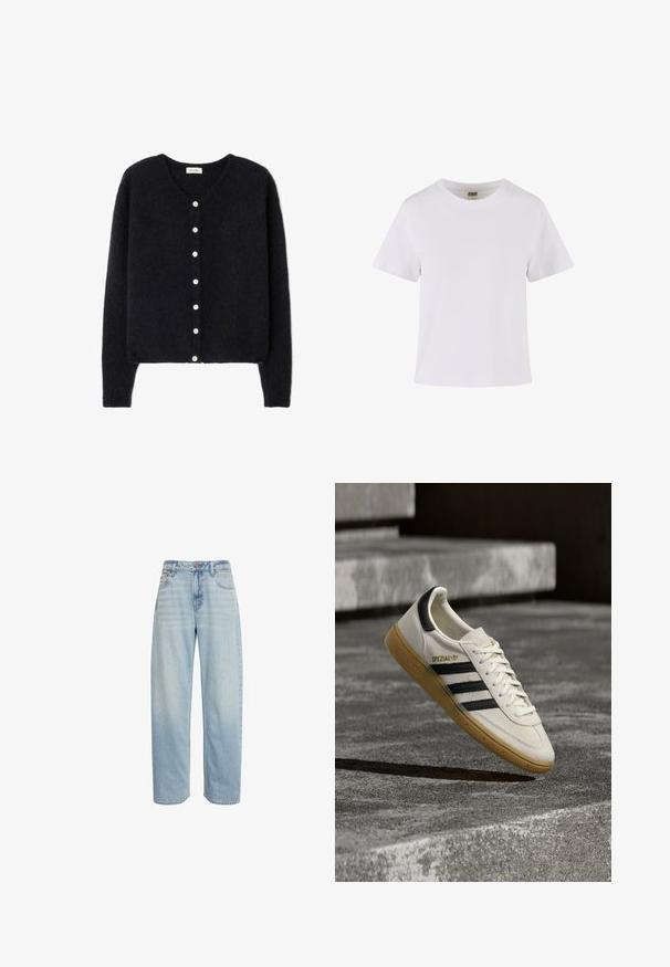 Cárdigan negro confeccionado en material de punto suave, con escote en V, siete botones blancos en la parte delantera y mangas largas.; Camiseta de algodón blanca con mangas cortas, cuello redondo y corte recto. Textura suave, diseño sencillo, sin patrones ni acentos visibles.; Vaqueros azul claro de talle alto y pierna recta, con cinco bolsillos y cierre de botón, mostrados sobre un fondo blanco.; Zapatilla blanca Adidas Spezial con rayas negras y suela de goma flotando sobre escalones de piedra grises al aire libre.