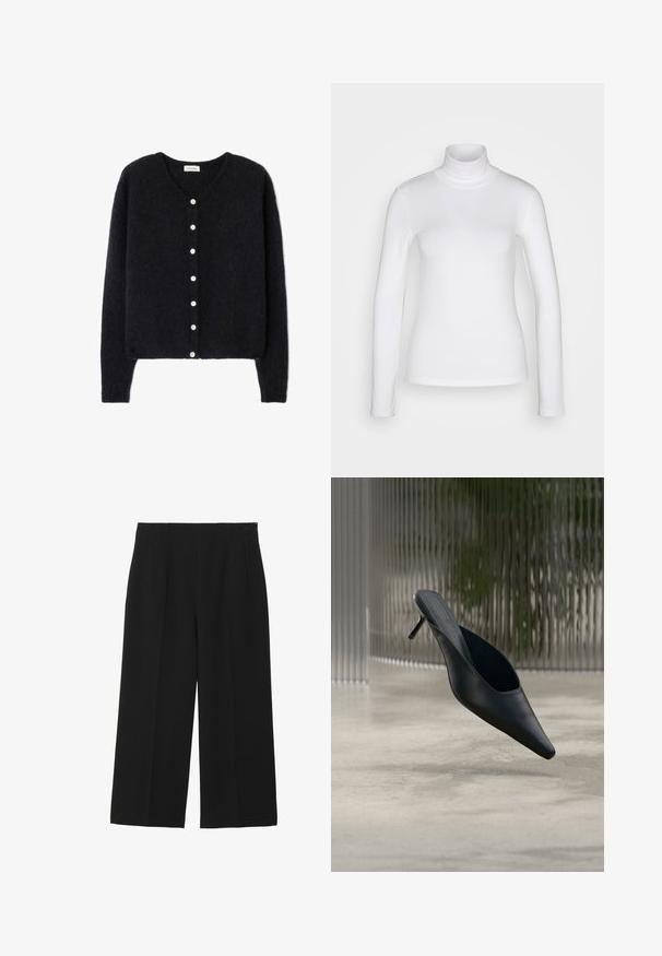 Cárdigan negro confeccionado en material de punto suave, con escote en V, siete botones blancos en la parte delantera y mangas largas.; Camisa de cuello alto de manga larga blanca, fabricada en un tejido suave y elástico. Presenta un ajuste ceñido y un collar alto. Sin patrones ni acentos visibles.; Pantalones de pierna ancha negros, hechos de tela suave, con dos bolsillos frontales, parte delantera plana y cierre de cremallera en el lateral.; Zapato mule negro de punta fina con tacón alto y delgado flotando sobre un suelo de hormigón liso, con un fondo desenfocado de rayas verticales.