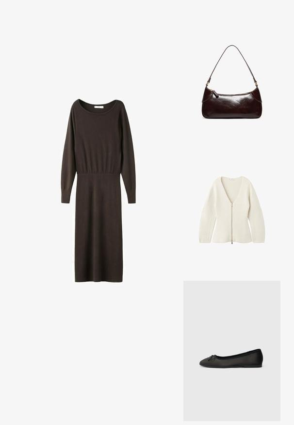 Cardigan en tricot de couleur crème avec un décolleté en V profond et des manches longues, doté d'une fermeture éclair à l'avant avec un tirette en métal.; Robe midi en tricot à manches longues de couleur marron foncé, avec un col rond et une taille cintrée.; Ballerines noires avec une finition mate lisse, un bout arrondi et un nœud décoratif à l'avant. Elles présentent un talon bas et plat.; Sac à bandoulière en cuir marron foncé avec une seule sangle et une fermeture éclair, forme rectangulaire avec des bords arrondis sur fond blanc.