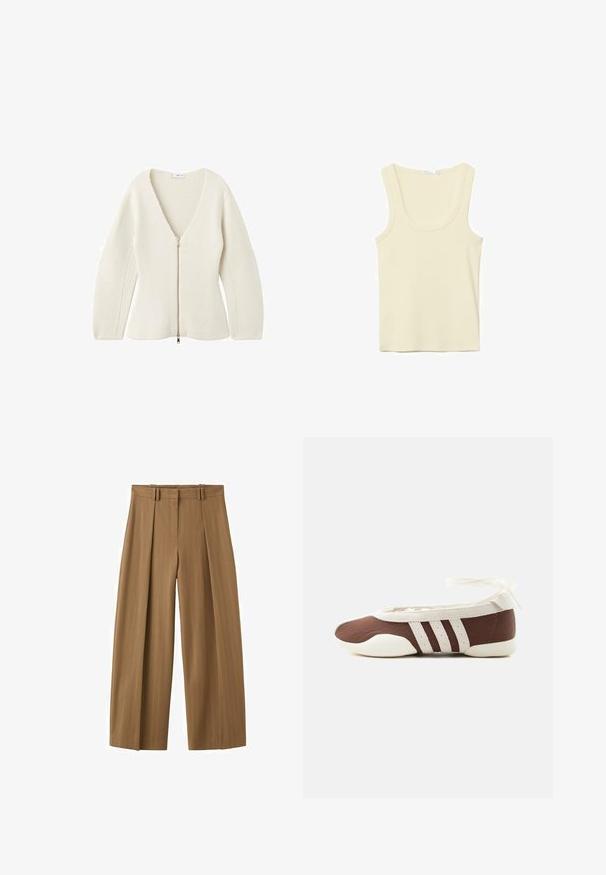 Cardigan en tricot de couleur crème avec un décolleté en V profond et des manches longues, doté d'une fermeture éclair à l'avant avec un tirette en métal.; Débardeur sans manches couleur crème avec encolure dégagée et coutures simples, présenté sur un fond blanc.; Pantalon marron taille haute à jambes larges avec fines rayures, plis sur le devant, passants pour ceinture et fermeture éclair dissimulée sur le devant.; Chaussure plate de ballet marron et blanche avec trois bandes blanches et un nœud à nouer à la cheville sur un fond clair uni.