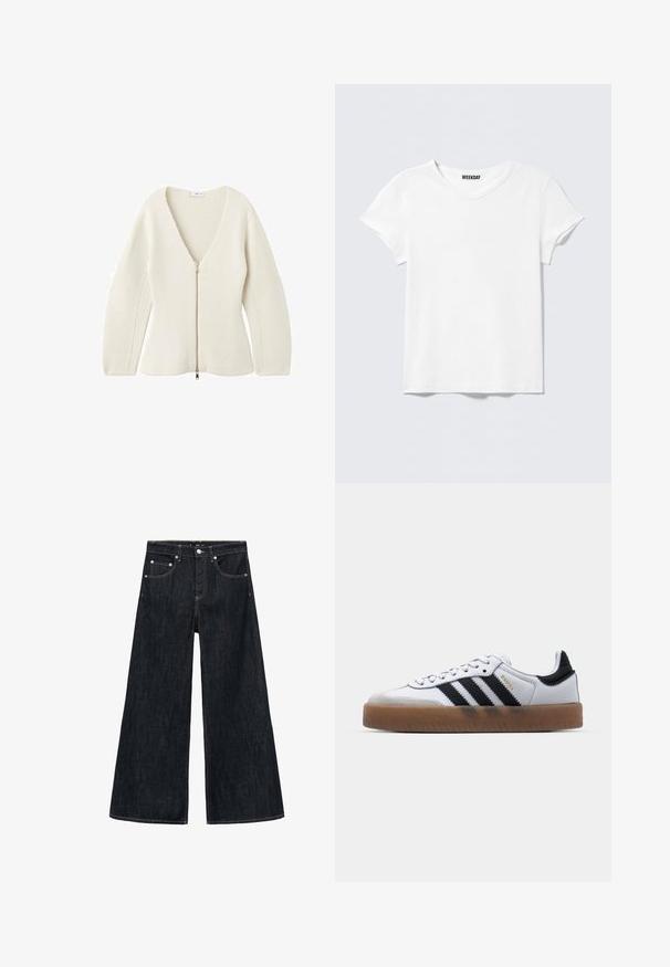 Cardigan en tricot de couleur crème avec un décolleté en V profond et des manches longues, doté d'une fermeture éclair à l'avant avec un tirette en métal.; T-shirt blanc uni à manches courtes avec col en V et une petite étiquette "WEEKDAY" à l'intérieur du col, présenté sur un fond gris clair.; Jean large en denim foncé avec taille haute, dotée de deux poches avant, d'une fermeture à bouton et de coutures contrastantes.; Baskets en cuir blanc avec des rayures noires, semelle extérieure en caoutchouc beige, bout rond, fermeture lacée et embout en suède gris doux.