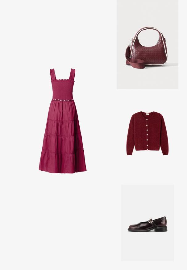 Cárdigan burdeos hecho de material suave, con cuello redondo, mangas largas y seis botones blancos en la parte delantera.; Vestido maxi sin mangas de color rosa oscuro con cuerpo fruncido, tirantes con volantes, falda de capas y cinturón decorativo de cuerda blanca en la cintura.; Zapato único Mary Jane brillante de color burdeos oscuro con correa ancha y hebilla plateada, tacón bloque bajo y punta redondeada sobre fondo blanco.; Bolso de mano de cuero tejido color granate con asa curva, ribete blanco, cremallera plateada y correa desmontable de tela ancha para el hombro sobre fondo liso.