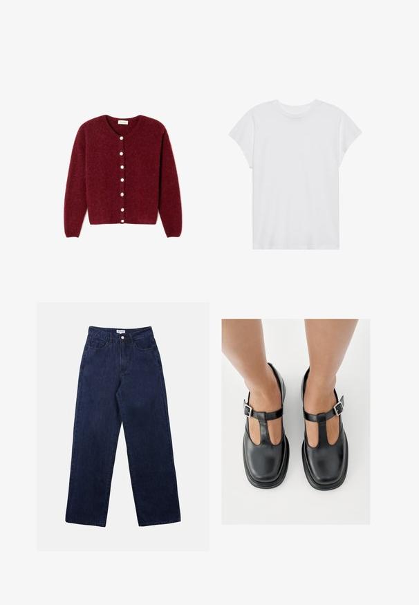 Burgunderfarbener Cardigan aus weichem Material, mit Rundhalsausschnitt, langen Ärmeln und sechs weißen Knöpfen auf der Vorderseite.; Weißes kurzärmliges T-Shirt mit Rundhalsausschnitt, lockerer Passform, aus weichem Baumwollstoff. Glatte Textur, keine Muster oder Logos.; Dunkelblaue Denim-Hosen mit geradem Bein, ausgestattet mit einem Frontknopfverschluss, Gürtelschlaufen und zwei vorderen Taschen.; Schwarze Lederschuhe mit T-Riemen-Design, geschlossenem Zehenbereich und silbernen Schnallenakzenten. Glatte Textur mit rundem Zehenbereich und flacher Sohle.