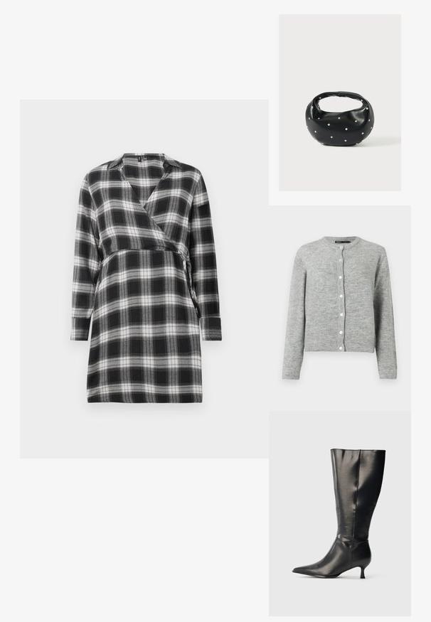 Gilet gris clair en tricot doux, avec un col rond, des manches longues et six boutons blancs sur le devant.; Robe portefeuille à carreaux noir et blanc avec des manches longues, décolleté en V et un lien à la taille. Tissu doux avec un motif à carreaux dans tout le vêtement.; Botte en cuir noire montant jusqu'au genou, avec un bout pointu et un petit talon bas, présentée sur un fond clair uni.; Sac à main en cuir noir de forme arrondie, décoré de clous argentés et équipé d'une poignée courte. Texture lisse et fermeture éclair.