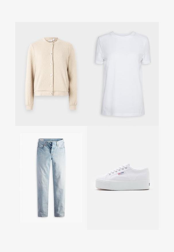 Cárdigan texturizado color beis con patrón de espiga, cuello redondo y seis botones brillantes en el frente, con puños y dobladillo elásticos.; Camiseta blanca lisa de manga corta con cuello redondo, ajuste regular y una pequeña etiqueta interior en el cuello que dice "SELECTED FEMME."; Jeans de mezclilla azul claro con diseño de pierna recta, cinco bolsillos y cierres de botones metálicos en una pretina estándar.; Zapatilla de lona blanca con una gruesa suela de plataforma blanca, punta redonda y ojales de metal para los cordones. Logotipo de la marca mostrado en el lateral.