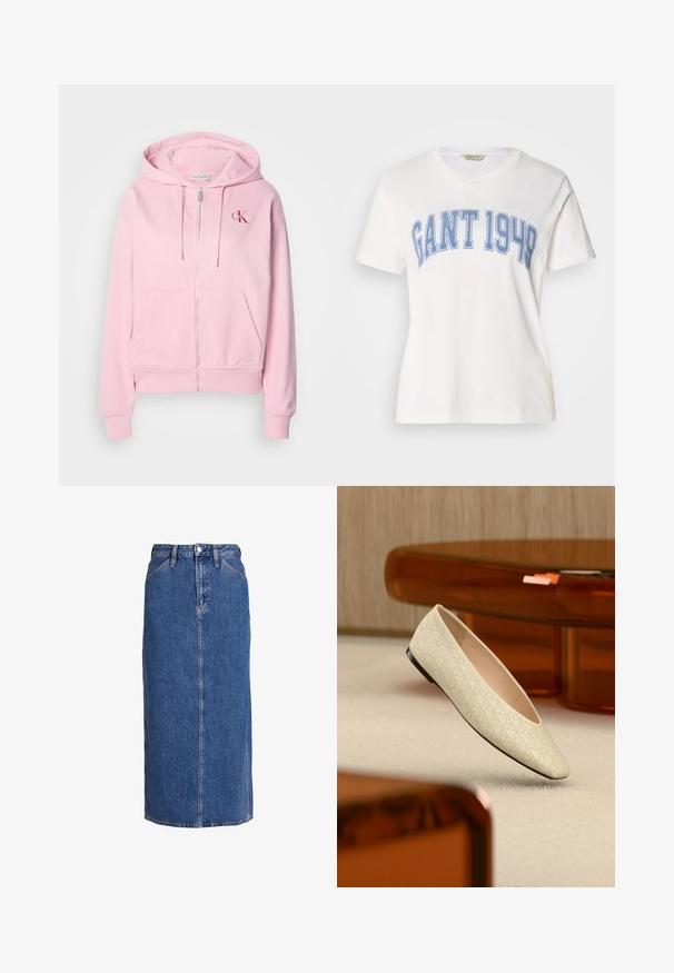 Sudadera con cremallera rosa hecha de una suave mezcla de algodón, con un bolsillo frontal, capucha ajustable y un pequeño logo en la parte izquierda del pecho.; Camiseta blanca de algodón con cuello redondo, con una gran impresión azul que dice "GANT 1949" en letras gruesas en el pecho.; Falda midi de mezclilla en azul medio con corte recto, cierre delantero de botones, dos bolsillos laterales y costuras visibles para dar textura.; Zapato plano beige con perforaciones geométricas flotando sobre una alfombra clara en una habitación con muebles de color ámbar.