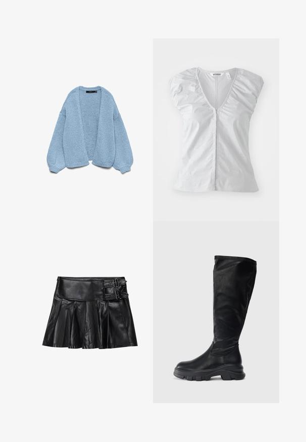 Cardigan de punto azul claro con un diseño de frente abierto, mangas de gran tamaño y puños acanalados. Textura suave y ajuste relajado. Sin botones ni cierres.; Blusa corta de manga corta en gris claro con un profundo escote en V. Presenta detalles de hombros fruncidos y un dobladillo recto, fabricada con un tejido suave y liso.; Falda de cuero negro con pliegues, cinturilla ancha y dos hebillas en el lateral. Textura suave con un acabado brillante.; Botas negras hasta la rodilla hechas de cuero suave, con una suela de goma gruesa que ofrece un agarre texturizado y un diseño aerodinámico.