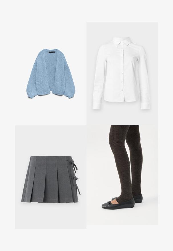 Gilet en tricot bleu clair à ouverture devant, avec des manches surdimensionnées et des poignets côtelés. Texture douce et coupe décontractée. Sans boutons ni fermetures.; Chemise blanche à manches longues avec boutons, col pointu, ourlet droit et silhouette ajustée, présentée sur un fond clair uni.; Jupe mini plissée grise en tissu texturé, avec une fermeture à nouer sur un côté et une ceinture lisse pour plus de confort.; Jambes portant des leggings côtelés foncés associés à des ballerines noires avec de petits détails en nœud sur fond blanc.