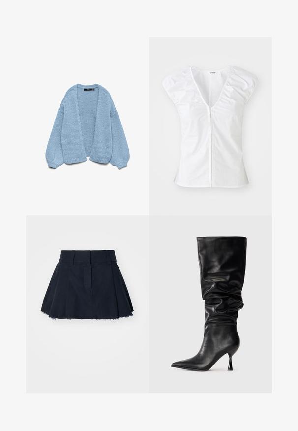 Gilet en tricot bleu clair à ouverture devant, avec des manches surdimensionnées et des poignets côtelés. Texture douce et coupe décontractée. Sans boutons ni fermetures.; Haut blanc à manches courtes avec un décolleté en V profond, des détails froncés aux épaules et une couture centrale. Fabriqué en tissu lisse avec une silhouette ajustée.; Jupe en coton bleu marine à forme évasée, avec des plis, un ourlet effiloché et une taille avec passants pour ceinture.; Botte noire en cuir, hauteur genou, avec un design ample, bout pointu et talon aiguille fin, présentant une texture lisse et des accents minimaux.