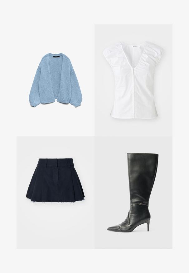Gilet en tricot bleu clair à ouverture devant, avec des manches surdimensionnées et des poignets côtelés. Texture douce et coupe décontractée. Sans boutons ni fermetures.; Haut blanc à manches courtes avec un décolleté en V profond, des détails froncés aux épaules et une couture centrale. Fabriqué en tissu lisse avec une silhouette ajustée.; Jupe en coton bleu marine à forme évasée, avec des plis, un ourlet effiloché et une taille avec passants pour ceinture.; Bottes noires en cuir montant jusqu'au genou, avec un talon fin, un bout pointu et des détails de lanière à la cheville. Texture lisse et design ajusté.
