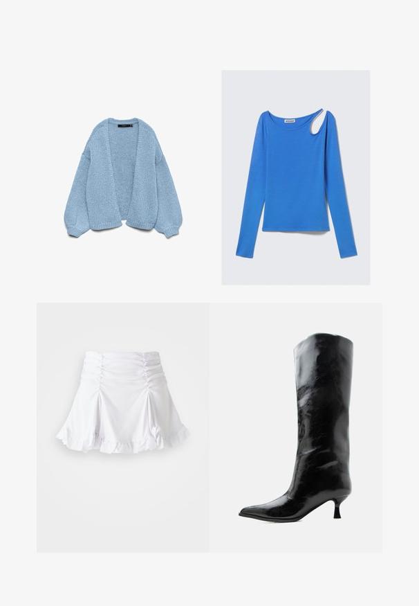 Gilet en tricot bleu clair à ouverture devant, avec des manches surdimensionnées et des poignets côtelés. Texture douce et coupe décontractée. Sans boutons ni fermetures.; Haut bleu à manches longues en tissu doux, avec une découpe unique à l'épaule et un col rond. Design épuré, style minimaliste.; Jupe blanche en tissu texturé avec des détails froncés et un ourlet volanté. Présente un design évasé avec une taille ajustée.; Botte en cuir noire brillante, haute jusqu'au genou, avec bout pointu et talon bas courbé sur un fond clair uni.