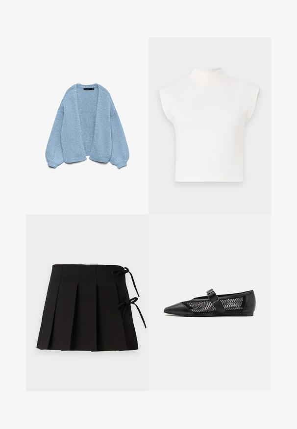 Gilet en tricot bleu clair à ouverture devant, avec des manches surdimensionnées et des poignets côtelés. Texture douce et coupe décontractée. Sans boutons ni fermetures.; Haut court blanc avec un col montant haut et des manches larges et angulaires. Fabriqué en tissu lisse, sans motifs ni embellissements visibles.; Jupe plissée noire avec des liens sur les côtés, fabriquée dans un tissu à la texture lisse ; elle présente un design structuré et des lignes épurées.; Chaussure plate noire avec un bout pointu, panneaux latéraux en maille et une sangle avec une boucle décorative. Fini lisse sur les sections du bout et du talon.