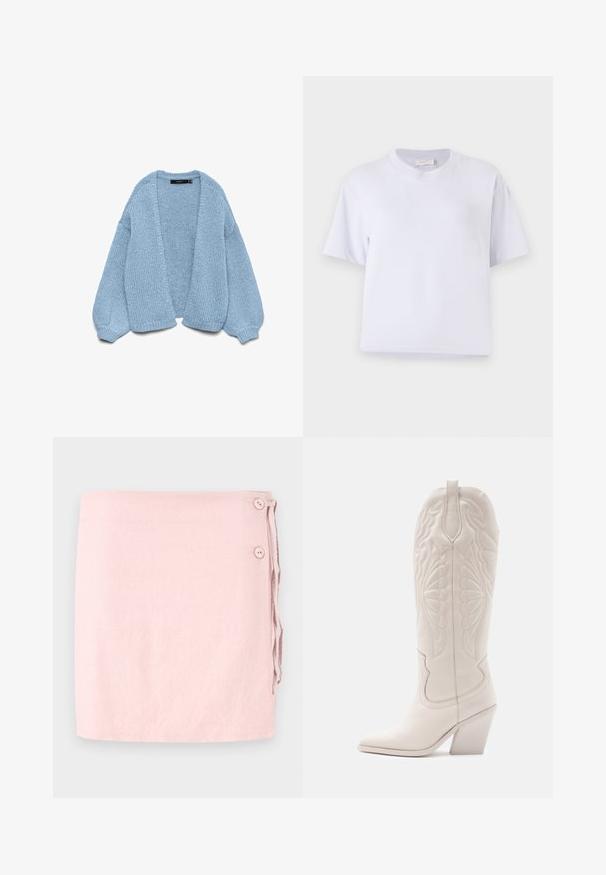 Gilet en tricot bleu clair à ouverture devant, avec des manches surdimensionnées et des poignets côtelés. Texture douce et coupe décontractée. Sans boutons ni fermetures.; T-shirt en coton blanc avec une coupe décontractée, des manches courtes, un col rond et sans motifs ni embellissements visibles. Texture lisse.; Jupe enveloppante rose clair en lin avec une texture lisse, dotée de deux boutons sur les côtés et d'un lien ajustable. Design épuré et simple.; Bottine de cowboy en cuir blanc avec un bout pointu et un talon bloc. Présente des motifs de broderie complexes sur la tige et une texture lisse.