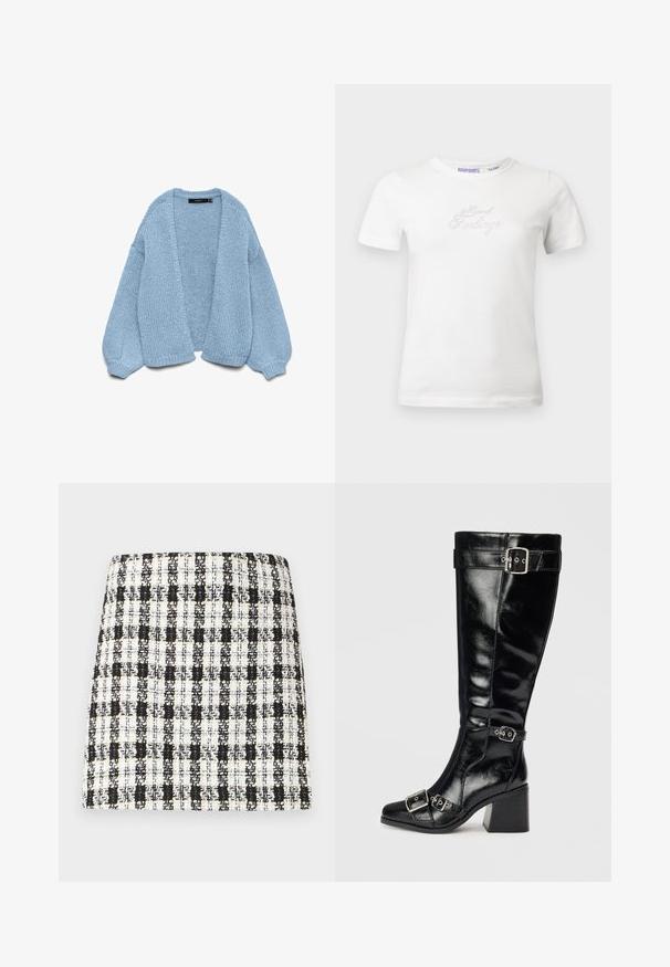 Gilet en tricot bleu clair à ouverture devant, avec des manches surdimensionnées et des poignets côtelés. Texture douce et coupe décontractée. Sans boutons ni fermetures.; T-shirt en coton blanc à manches courtes, avec un design en textes "Mixed Feelings" scintillant en rhinestones argentés sur le devant.; Jupe à carreaux noir et blanc en tissu texturé, dotée d'un design structuré avec une coupe droite et des détails minimalistes.; Botte en cuir noir, arrivant au genou, avec une finition brillante. Elle dispose de boucles et de sangles en argent, d'un bout pointu et d'un talon épais et texturé.