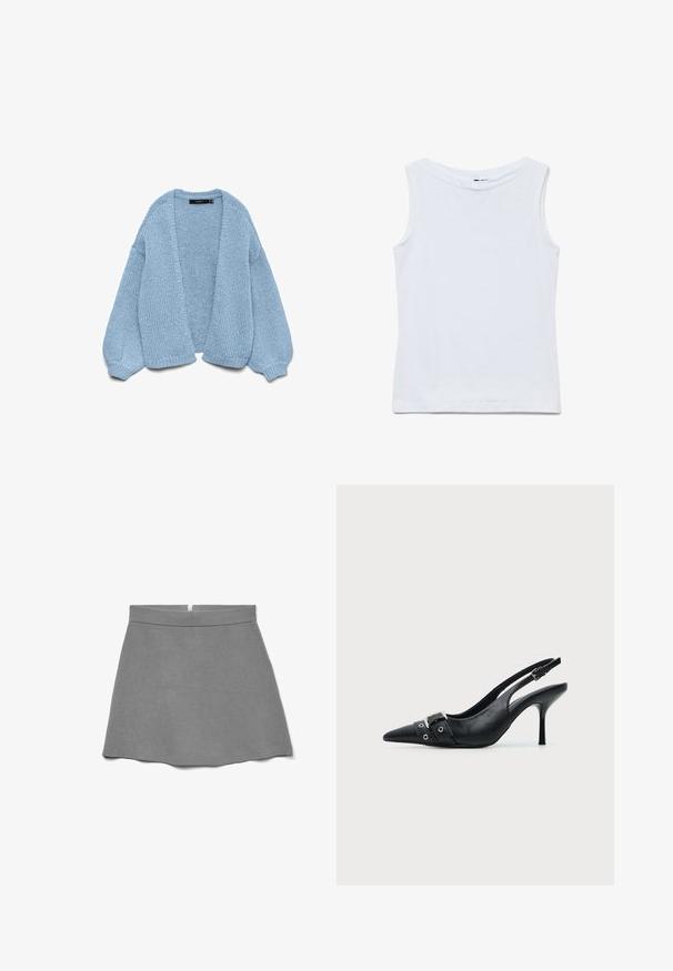 Gilet en tricot bleu clair à ouverture devant, avec des manches surdimensionnées et des poignets côtelés. Texture douce et coupe décontractée. Sans boutons ni fermetures.; Haut blanc sans manches en coton avec un large col rond et un ourlet droit, présenté à plat sur un fond blanc.; Jupe grise en tissu doux, dotée d'une taille haute, d'une forme évasée et d'une fermeture éclair dissimulée à l'arrière.; Escarpin slingback à talon haut en cuir noir avec bout pointu, boucle et détail de bride œillet à l'avant.