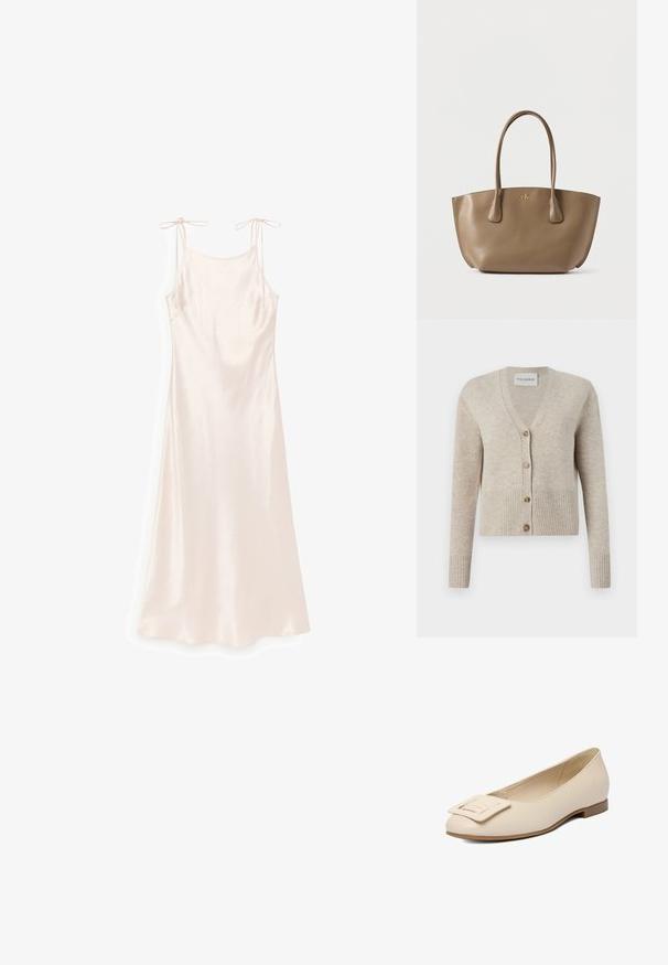 CLOSED V NECK - Strickjacke - beige; Hellrosa Satin-Negligé mit dünnen, verstellbaren Trägern und geradem Ausschnitt, auf weißem Hintergrund präsentiert.; Beiger flacher Lederschuh mit einer quadratischen dekorativen Schnalle an der abgerundeten Spitze und einem niedrigen braunen Absatz.; Braune Leder-Totetasche mit glatter Textur, zwei stabilen Griffen und einem goldenen Logo auf der Vorderseite. Breite, strukturierte Form mit offenem Oberteil.