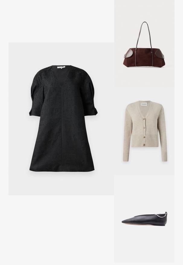 CLOSED V NECK - Kardigán - beige; Čierne šaty s výstrihom do V, krátkymi pufovanými rukávmi a textúrovanou tkaninou s malými ozdobami pre detail.; Čierna kožená plochá obuv so špicatou špičkou, nízkym podpätkom a strieborným retiazkovým detailom na zadnej strane na jednoduchom pozadí.; Hnedá semišová taška s koženými akcentmi, štruktúrovaný tvar, dvojité ramenné popruhy a zaoblené okraje, s hladkou textúrou a minimálnym hardvérom.