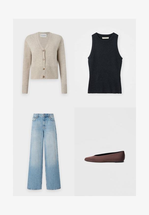 CLOSED V NECK - Chaqueta de punto - beige; Top sin mangas de punto en gris oscuro con cuello redondo, colocado sobre un fondo blanco.; Vaqueros de pierna ancha azul claro con cintura alta, presentan un deslavado en las piernas, lazos para cinturón y un cierre tradicional con botón metálico y cremallera.; Zapatillas de ballet de tela marrón con punta puntiaguda y textura suave, con parte trasera baja y suela negra fina. Sin patrones visibles ni elementos metálicos.