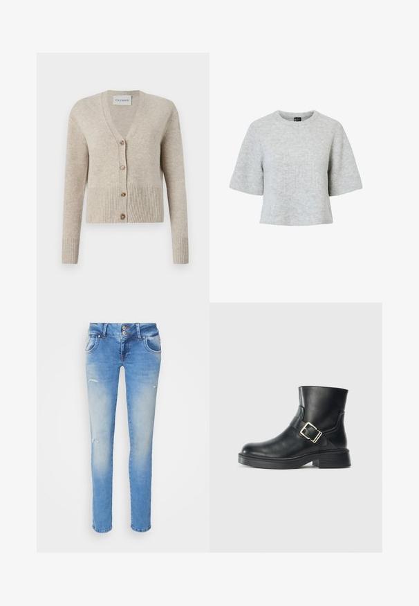 CLOSED V NECK - Vest - beige; Grijze trui met korte mouwen van gestructureerde gebreide stof, met een ronde halslijn en een cropped ontwerp. Geen zichtbare patronen of accenten.; Blauwe denim jeans met een slim fit, met een lichte vervaging, twee voorkeetzakken en kleine versleten details nabij de knieën.; Zwarte leren enkellaars met een ronde neus, zilveren gespdetails en een gestapeld hak. Soepele textuur, minimalistisch ontwerp.