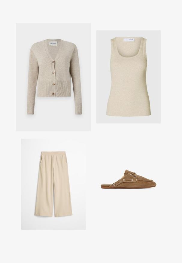 CLOSED V NECK - Chaqueta de punto - beige; Top sin mangas de canalé beige con escote redondeado y tirantes anchos. Confeccionado en tela suave, presenta una silueta ajustada.; Pantalones de pierna ancha color crema con una pretina alta y sin cierres ni bolsillos visibles, mostrados sobre un fondo blanco.; Mocasín marrón de ante sin cordones con detalle de cordones y suela de goma plana, diseñado para usar de forma casual.
