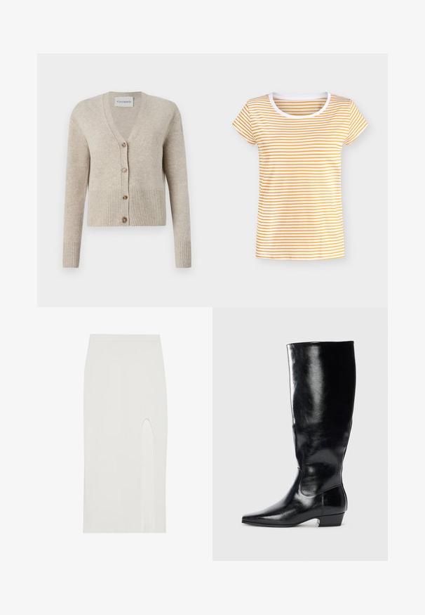 CLOSED V NECK - Kardigán - beige; Dámske tričko s krátkym rukávom s bielymi a oranžovými vodorovnými pruhmi a bielym okrúhlym výstrihom.; Ribovaná biela midi sukňa s vysokým rozparkom na prednej strane. Hladká textúra, priliehavý strih a mierna elastickosť pre pohodlie.; Čierne kožené čižmy po kolená s lesklým povrchom, špicatou špičkou a nízkym blokovým podpätkom. Majú hladkú textúru a minimalistický dizajn.
