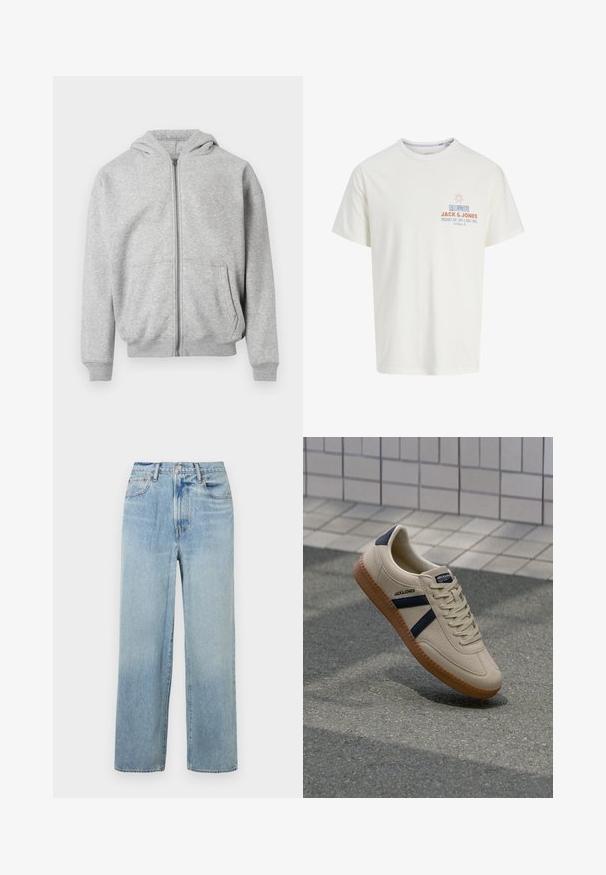 Sweat à capuche zippé gris clair avec poches frontales, poignets côtelés, ourlet et capuche attachée sur fond blanc.; T-shirt blanc à manches courtes avec un petit motif de soleil et le texte "Jack & Jones," "Big Wave Lines," et "Sun, Surf & Good Times" sur la poitrine.; Jeans en denim bleu clair, à jambe droite et taille haute, avec cinq poches et une légère décoloration. Ourlet brut et détails de surpiqûres contrastantes.; Baskets beiges avec une finition texturée, bandes navy et semelle en caoutchouc. Équipées d'une languette rembourrée et d'un système de laçage traditionnel pour un maintien sécurisé.