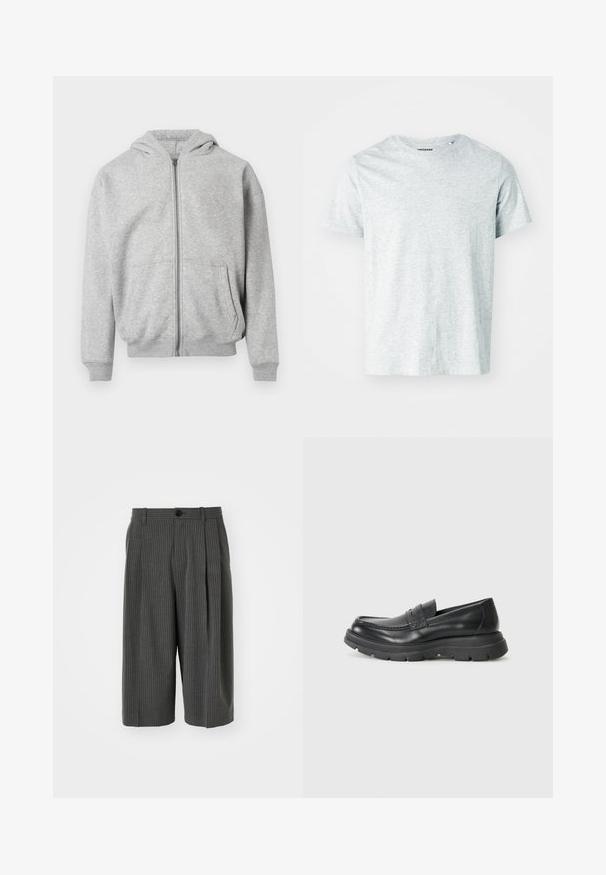 Sweat à capuche zippé gris clair avec poches frontales, poignets côtelés, ourlet et capuche attachée sur fond blanc.; T-shirt gris clair à manches courtes en tissu doux, avec un col rond et une coupe légèrement décontractée. Aucun motif ou graphique visible.; Shorts larges à rayures gris avec fermeture à bouton et plissé à l'avant. Fabriqués à partir d'un tissu texturé, présentant un design ajusté.; Chaussure noire en cuir à enfiler avec un design mocassin, embout arrondi, semelle en caoutchouc épaisse et subtil détail de couture sur la partie supérieure.