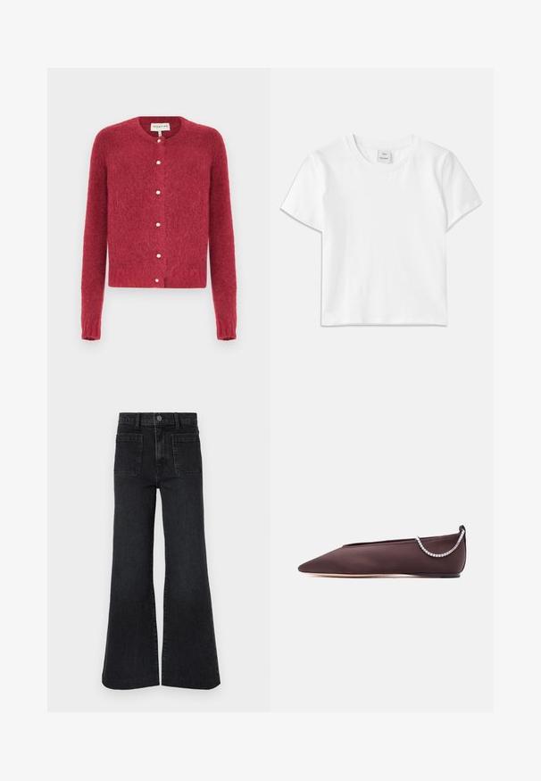 Rød strikket cardigan med lange ærmer, rund halsudskæring og perle-lignende knapper. Blød, fnugget tekstur og kort design.; Hvid bomulds-t-shirt med rund hals, korte ærmer og lige kant. Mærke med teksten "Won Hundred" placeret i midten af halsudskæringen.; Sorte højtaljede jeans med vidde, bæltestropper, forreste knap, lynlås og to store forlommer på hvid baggrund.; Mørkebrun flad sko med spids tå, lav hæl og en sølvfarvet rhinstenkæde detalje bagpå.