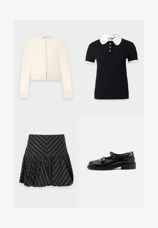 Kremfarvet cropped cardigan med lange ærmer, rund halsudskæring, knapper foran, ribstrikkede ærmekanter og kant, samt et lille gyldent broderet logo på brystet.; Sort ribbet top med korte ærmer med hvidt bølget krave- og ærmekant, med fire gyldne knapper foran ved halsudskæringen.; Sort a-formet miniskørt med sølvfarvede diagonale striber og en rynket syning under linningen for ekstra volumen og tekstur.; Sorte lædersko med brogue-detaljer, der har to spænder, rund tå og lav hæl. Glat tekstur med blank finish.