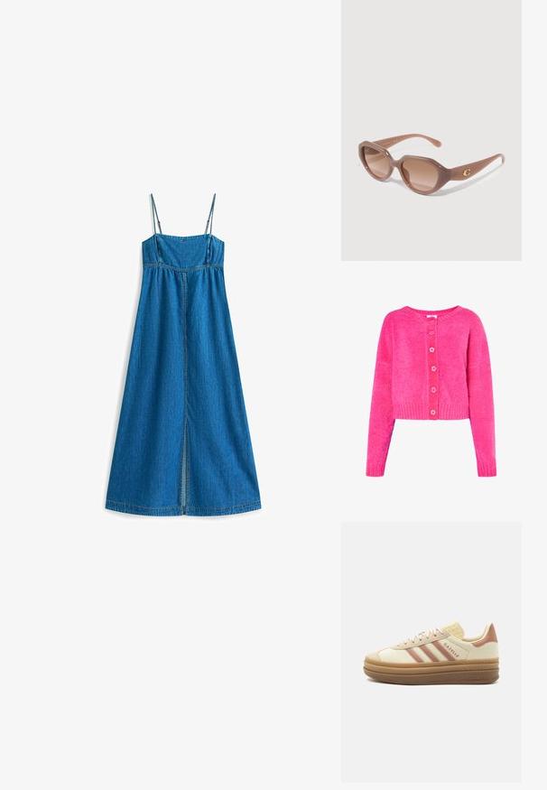 Uldet, cropped cardigan i lys pink, med rund halsudskæring, pink knaplukning og ribstrikkede manchetter og kant. Blød tekstur over det hele.; Blå denim maxikjole med tynde spaghetti-stropper og frontslids, med en tætsiddende overdel og udskåret nederdel.; Beige lavtop Adidas Gazelle sneaker med pink striber, gummisål med plateau og snørelukning på hvid baggrund.; Brune plastik solbriller med en vinkelret form, gradient brune linser og en guld logoaccent på siden. Glat tekstur hele vejen igennem.