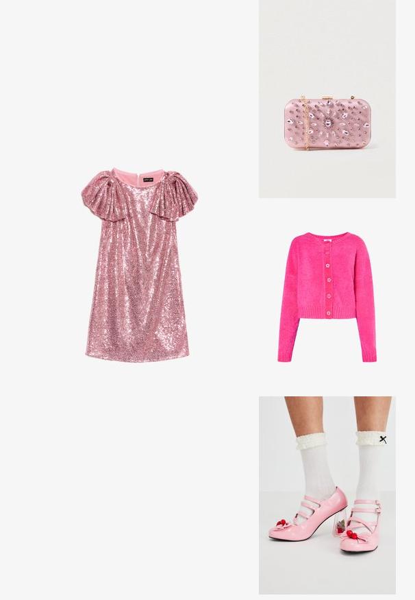 Uldet, cropped cardigan i lys pink, med rund halsudskæring, pink knaplukning og ribstrikkede manchetter og kant. Blød tekstur over det hele.; Rosa paliet kjole med korte ærmer med flæser og rund hals, lagt fladt på en hvid baggrund.; Lyserøde laklæderhæle med rund tå, tre remme og kirsebærpynt. Klart blokhæl med blomsterdekorationer. Hvide ribbede sokker.; Lyserød satin clutch med juvelbesætninger, rektangulær form, guld kæde og lås, prydet med et blomstermotiv i rhinsten.