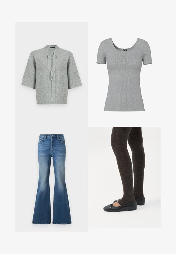 Cardigan gris à manches courtes en doux tissu tricoté, avec un col rond, une fermeture à nouer et des bords côtelés pour plus de texture.; Haut gris côtelé à manches courtes avec un col rond en U et quatre petits boutons en ligne au centre devant.; Jean en denim bleu taille haute, évasés, avec un effet délavé, comportant deux poches avant, une fermeture à bouton, et des détails cousus sur les coutures.; Jambes portant des leggings côtelés foncés associés à des ballerines noires avec de petits détails en nœud sur fond blanc.