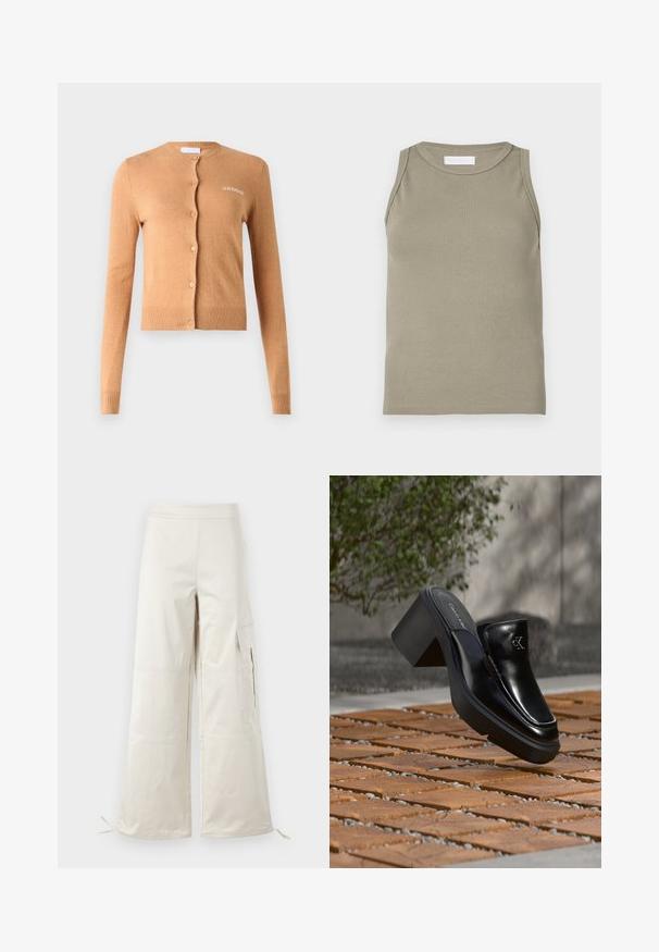 Karamelfarvet cardigan med knaplukning, lange ærmer, ribbede manchetter og kant, blød tekstur, med "2ND DAY" broderet på brystet.; Ribbet tanktop i olivengrøn med rund halsudskæring og ærmeløs design. Fremstillet af blødt, elastisk materiale med en tætsiddende pasform.; Beige brede benbukser lavet af letvægtsmateriale, med cargo-lommer og justerbare snore ved kanten for en tilpasselig pasform.; Sort læder Calvin Klein slip-on mule med blokhæl, der hviler på trætøj udendørs nær en grøn plante og en grå væg.