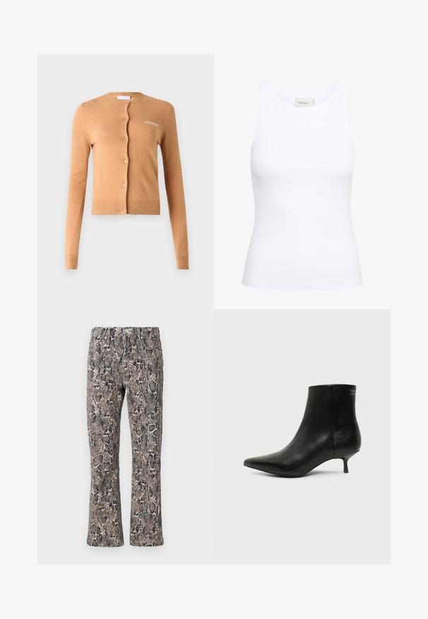 Karamelfarvet cardigan med knaplukning, lange ærmer, ribbede manchetter og kant, blød tekstur, med "2ND DAY" broderet på brystet.; Hvid ribbet tanktop med rund halsudskæring og uden ærmer. Strækbart stof og tætsiddende design. Etiketten bagpå viser "GESTUZ."; Slangeprint bukser i nuancer af brun og sort, med en afslappet pasform, elastisk talje og tekstureret stof med et skællet mønster.; Sort læder ankelstøvle med spids tå og lav kitten hæl på lys baggrund, der viser yderside.