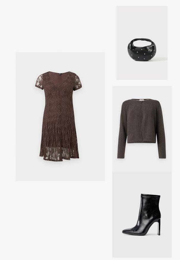 Donkergrijze gebreide lange mouwen cardigan met een ronde halslijn en een enkele knoopsluiting bovenaan.; Korte, bruine kanten jurk met korte mouwen, V-hals en bloemenpatroon, met een gelaagde zoom.; Zwarte leren enkellaars met een spitse neus en hoge doorzichtige hak. Gleed tekstuur en minimale stikseldetails op het bovenmateriaal.; Zwarte leren handtas met een afgeronde vorm, versierd met zilveren studs, en een korte handgreep. Gladde textuur en ritsluiting.