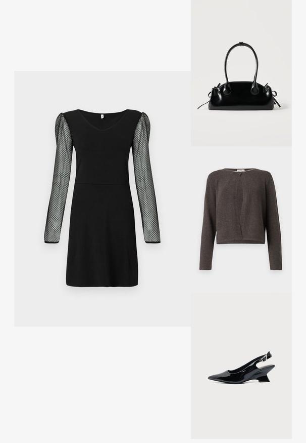 Dunkelgrauer, gestrickter Langarm-Cardigan mit rundem Ausschnitt und einem einzigen Knopfverschluss oben.; Schwarzes Kleid mit V-Ausschnitt und transparenten langen Ärmeln, die mit kleinen schwarzen Pünktchen versehen sind. Knielang und mit taillierter Passform.; Schwarzer Slingback-Schuh aus Lackleder mit spitzer Spitze und niedrigem, schrägem Blockabsatz auf einfachem hellem Hintergrund.; Kleine schwarze glänzende Handtasche mit zwei langen Griffen und seitlichen Kordelzug-Details vor einfachem hellem Hintergrund.