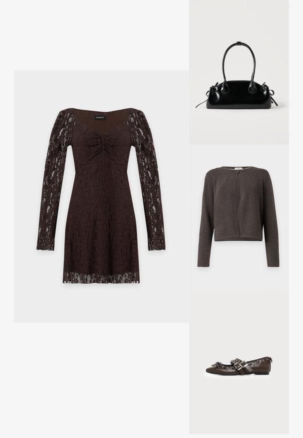 Dunkelgrauer, gestrickter Langarm-Cardigan mit rundem Ausschnitt und einem einzigen Knopfverschluss oben.; Dunkelbraunes Spitzenkleid mit langen Ärmeln, geraffter Brustpartie und halbtransparenten Spitzenärmeln und Saum vor weißem Hintergrund.; Dunkelbrauner flacher Lederschuh mit spitzer Spitze, doppelten silbernen Schnallenriemen, Metallösen und dekorativer Schleife vorne.; Kleine schwarze glänzende Handtasche mit zwei langen Griffen und seitlichen Kordelzug-Details vor einfachem hellem Hintergrund.