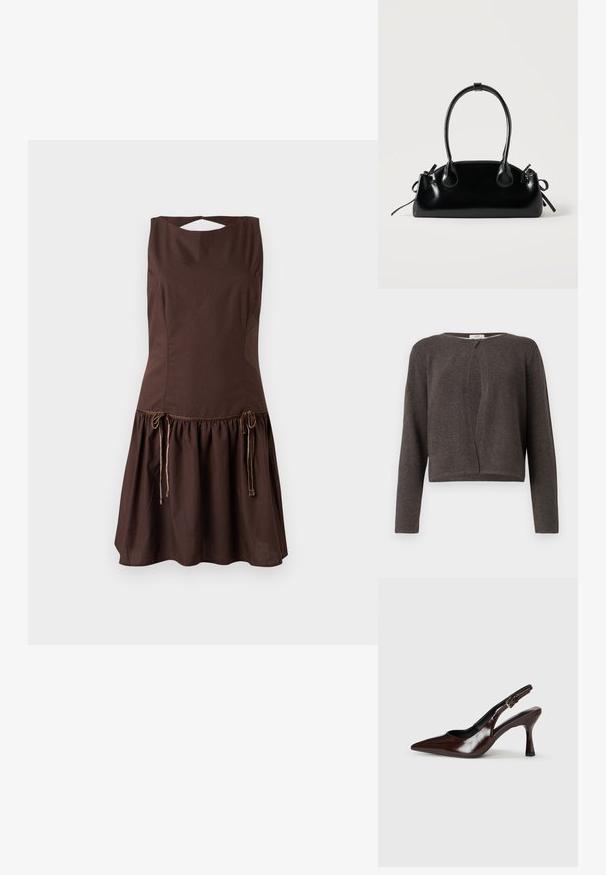 Gilet long en tricot gris foncé à manches longues avec un col rond et une fermeture à un bouton en haut.; Robe marron sans manches avec un corsage ajusté et une jupe évasée. Caractéristiques des détails à cordon à la taille et un dos ouvert.; Talons slingback en cuir verni brun avec un bout pointu, un talon fin, et une sangle réglable avec une petite boucle.; Petit sac à main noir brillant avec deux longues anses et des détails à cordon sur les côtés sur un fond clair uni.