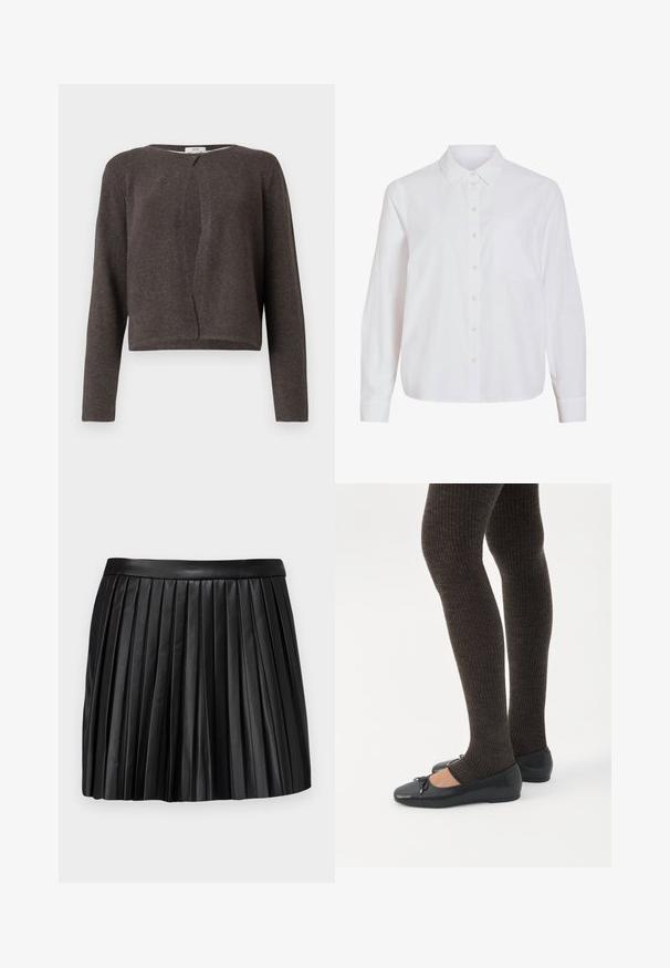 Gilet long en tricot gris foncé à manches longues avec un col rond et une fermeture à un bouton en haut.; Chemise blanche à manches longues, boutonnage frontal, col classique, poche poitrine unique, confectionnée dans un tissu lisse et léger avec une coupe décontractée.; Jupe mini plissée en cuir noir avec une ceinture lisse, présentant des plis verticaux et un design propre et structuré.; Jambes portant des leggings côtelés foncés associés à des ballerines noires avec de petits détails en nœud sur fond blanc.