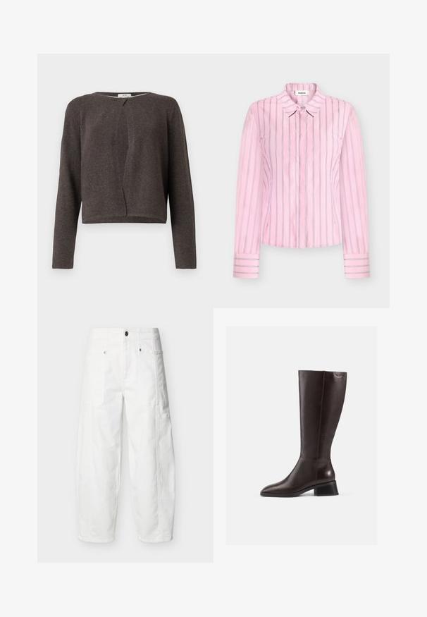 Mørkegrå strikket cardigan med lange ærmer, rund halsudskæring og en enkelt knaplukning foroven.; Lyserød langærmet skjorte med lodrette striber i hvidt og blåt. Har en klassisk krave og knaplukning samt manchet detaljer.; Hvide bukser med vidde ben, frontlommer med påsyet lommer, knaplukning og synlige sømdetaljer, vist på en ensfarvet baggrund.; Brune læderstøvler til knæene med en glat overflade, rund tå og en stablet sort hæl. Simpelt design med minimale hardwaredetaljer.